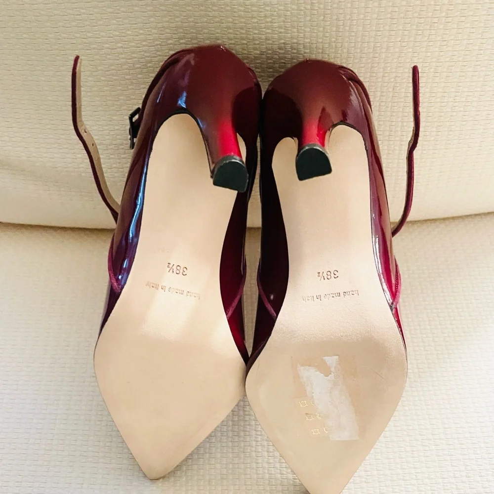 New! HENRI LEPORE DEZERT Carmela Burgundy Patent Crossback Heels  Shoes - Picture 12 of 12